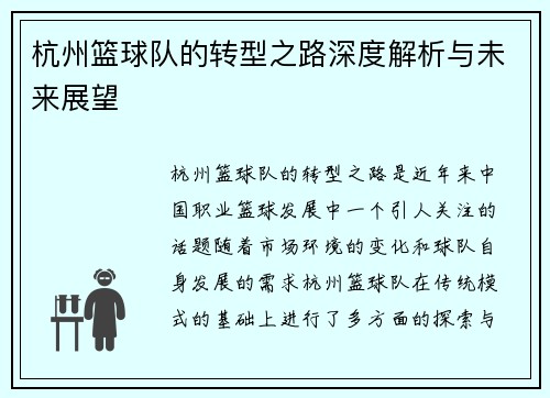 杭州篮球队的转型之路深度解析与未来展望